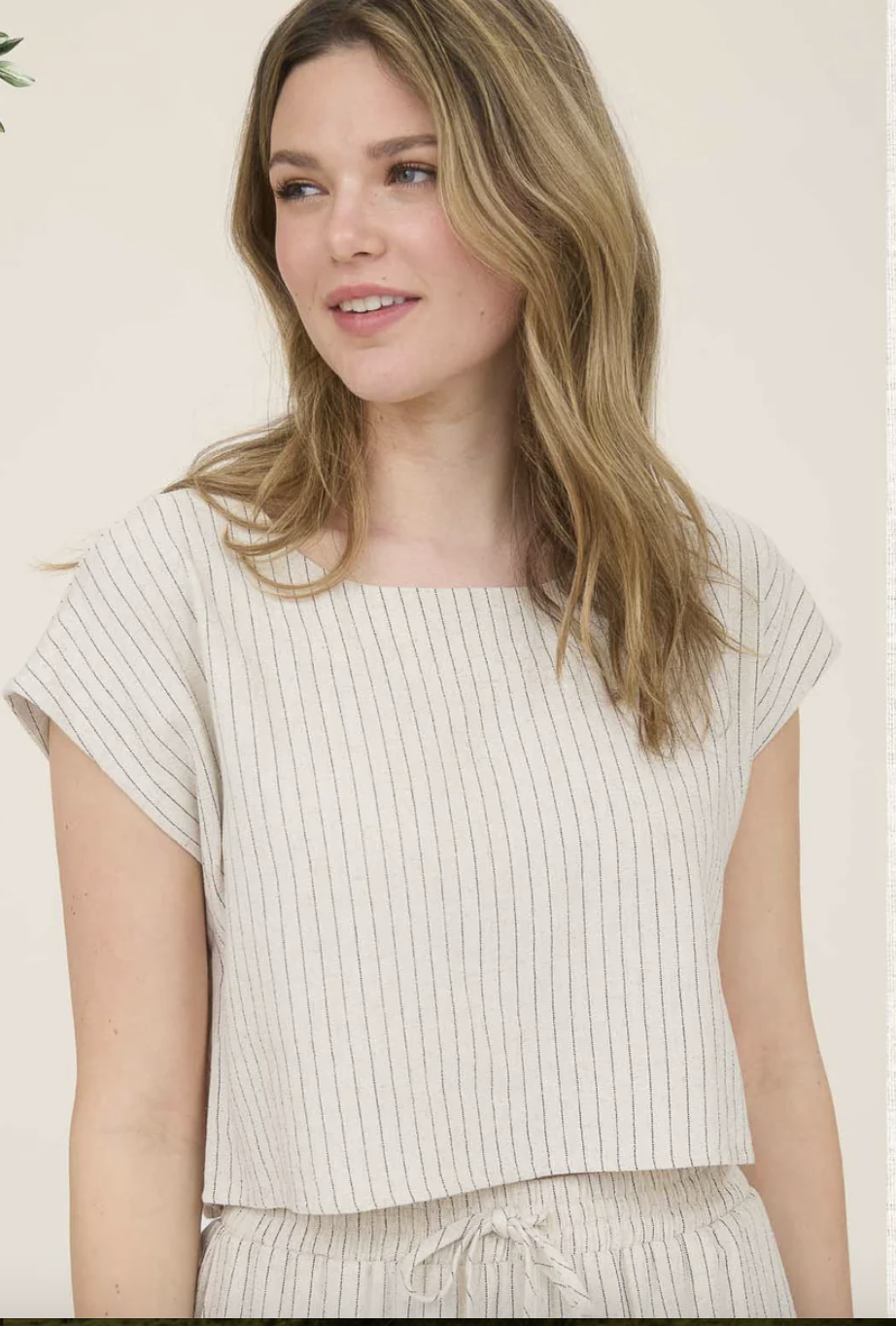 PINSTRIPE BUTTON BACK LINEN TOP