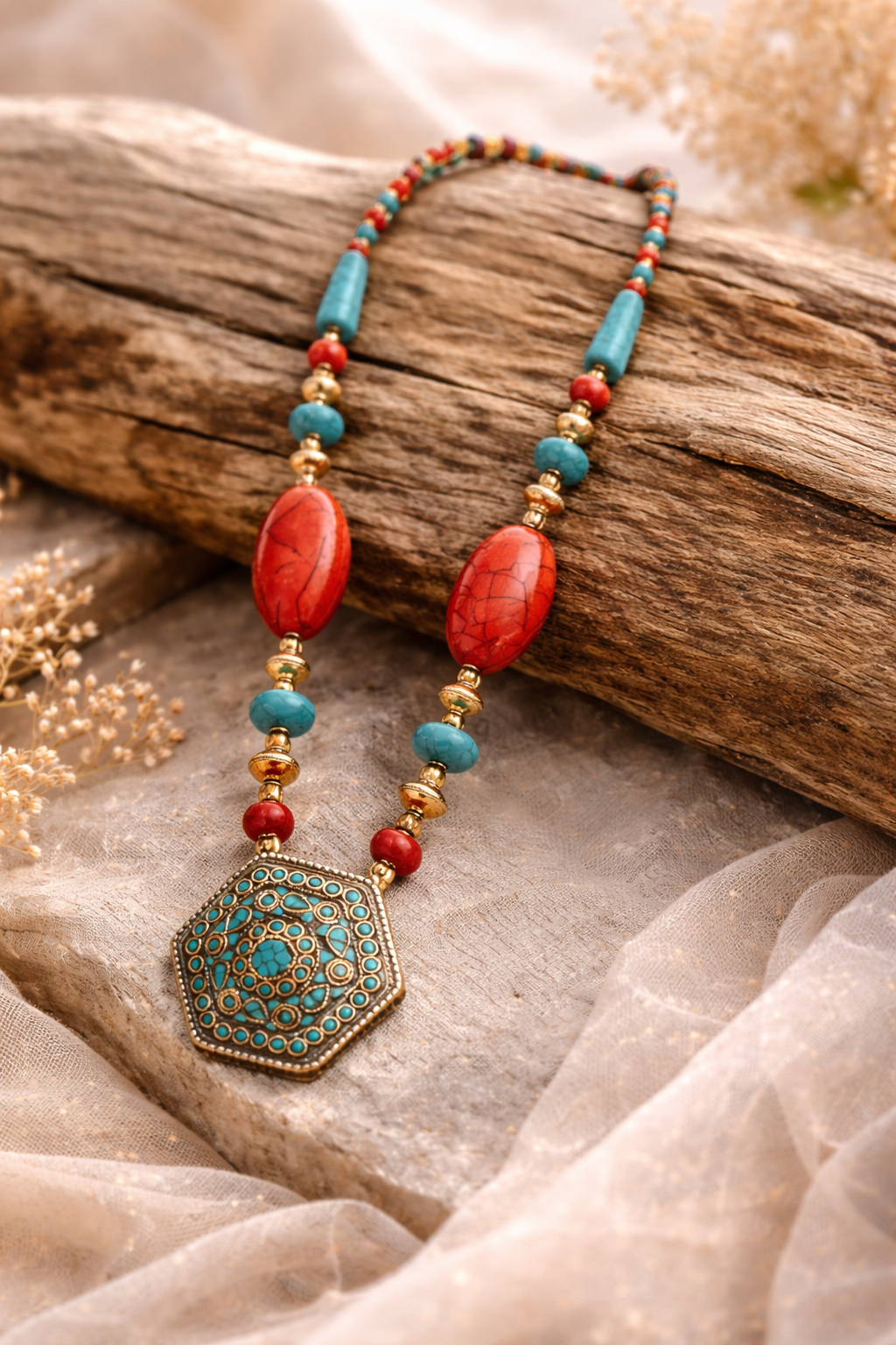 Boho Tibetan Turquoise & Coral-Tone Pendant Necklace