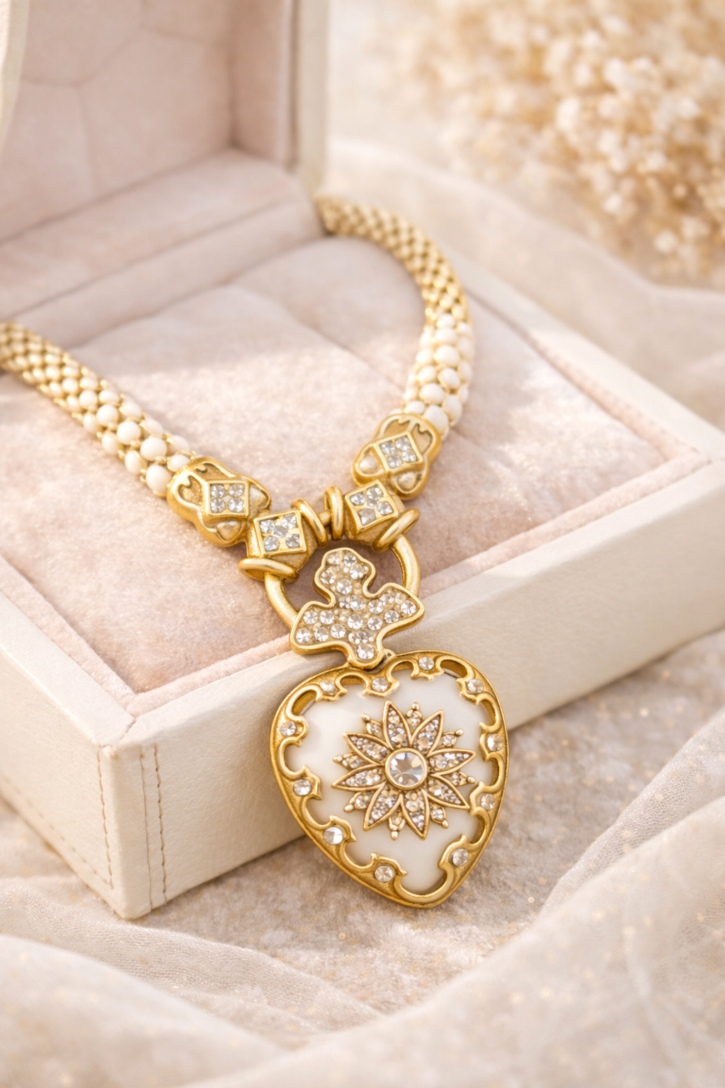 Gold Heart Pendant Necklace & Matching White Earrings Set