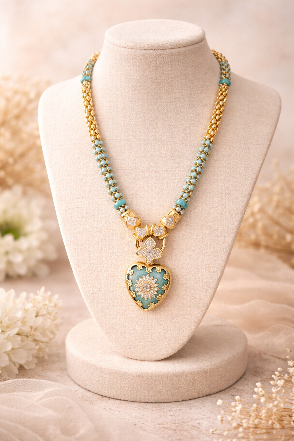 Gold Heart Pendant Necklace - Blue Variation