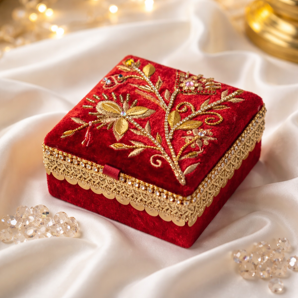 Handcrafted Velvet Jewelry Box — Red & Gold Embroidered Keepsake Case
