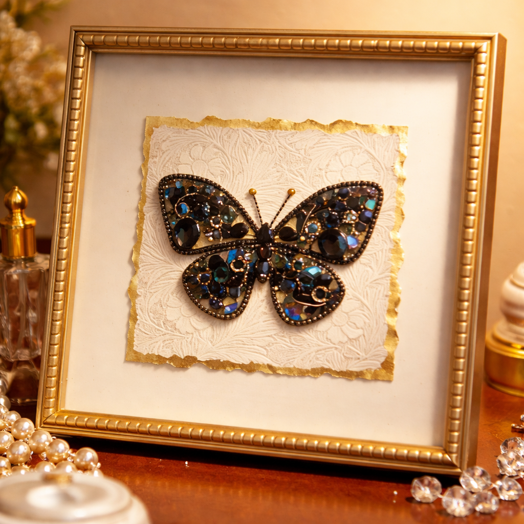 Framed Jeweled Butterfly Art — Hand-Embellished Statement Decor