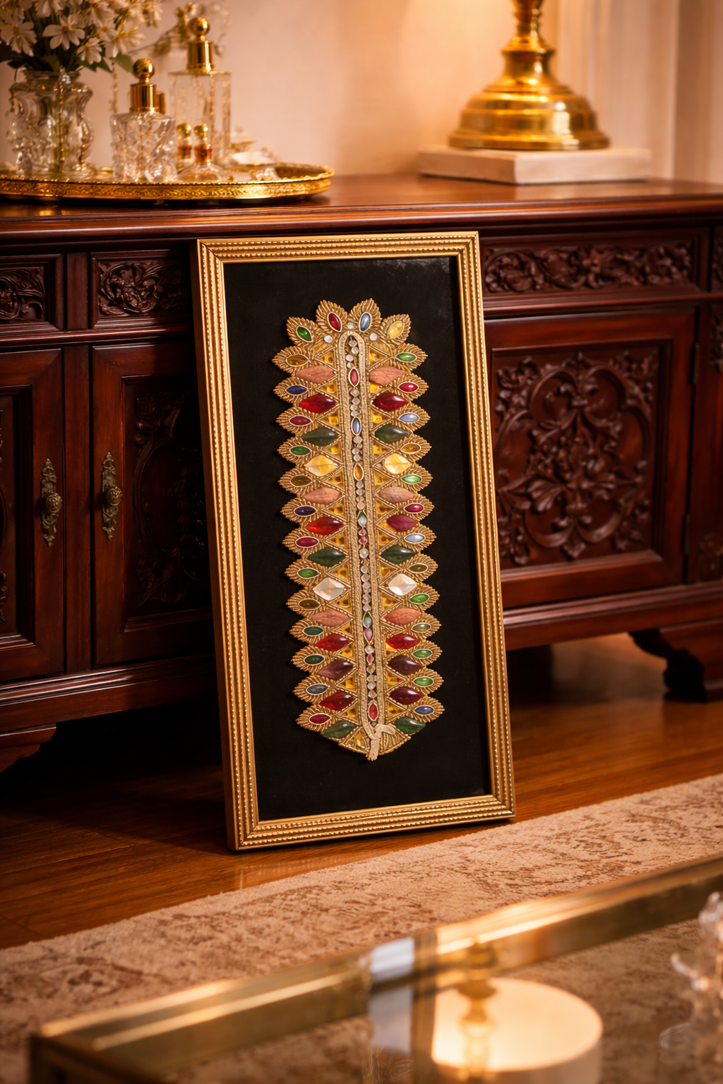 Framed Jeweled Statement Wall Art — Hand-Embellished Vertical Design