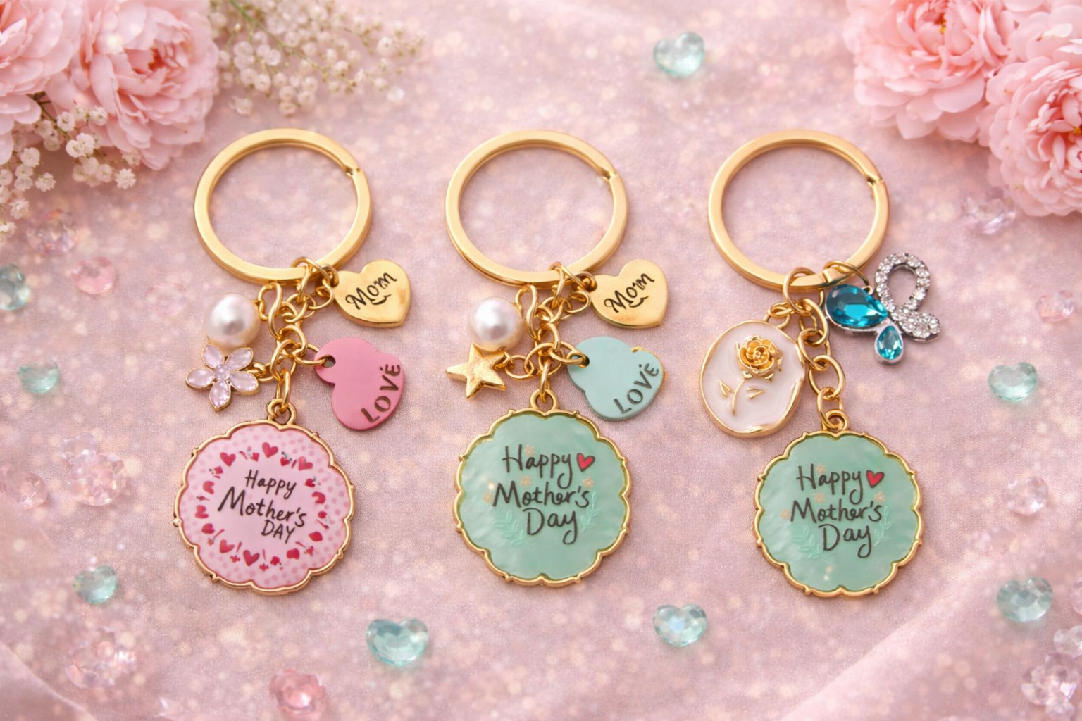 Mother’s Day Charm Keychains – Mom Gift Keyring – Cute Heart Pearl Flower Butterfly Keychain